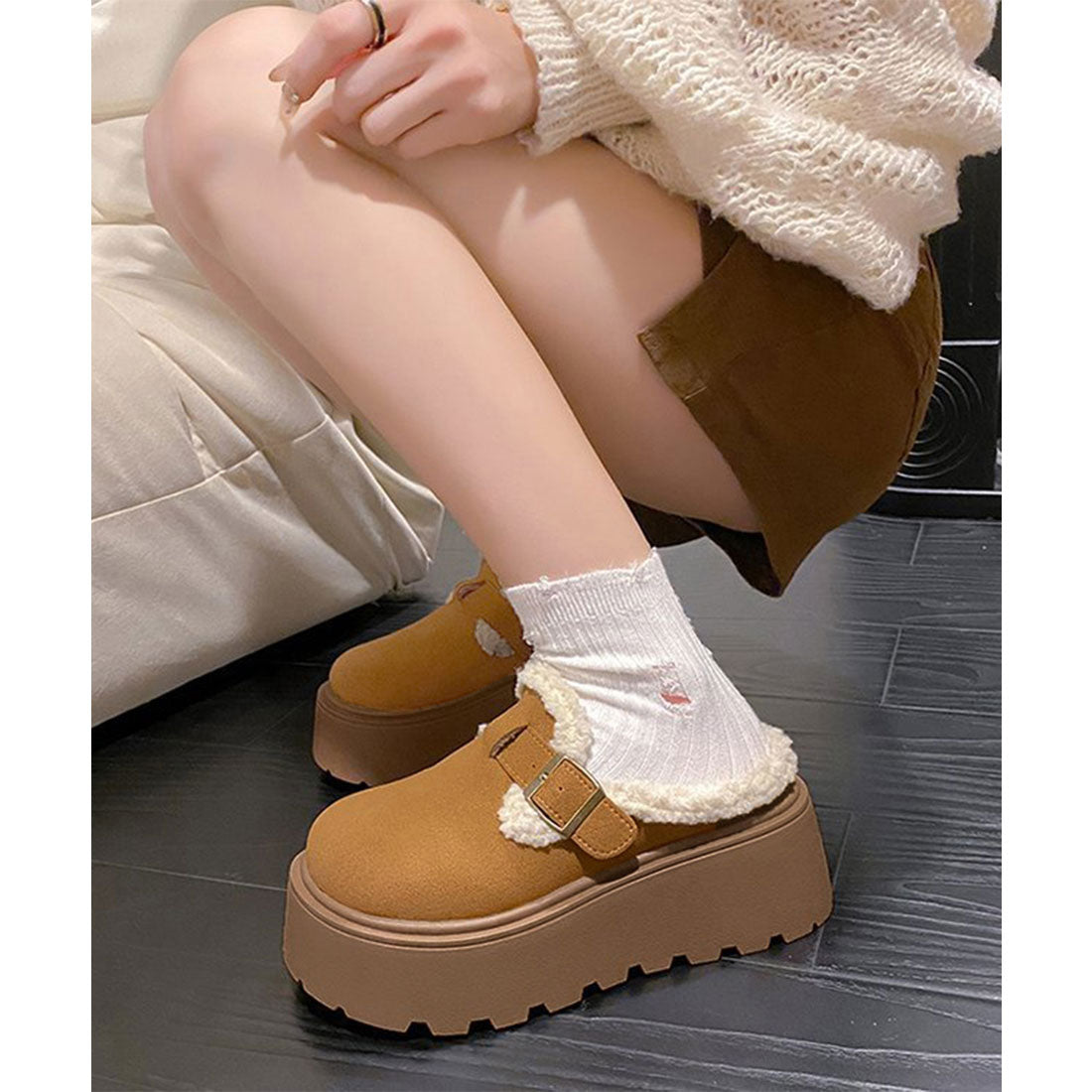 ミニミニストア miniministore ボア厚底モカシンレディースサボサンダル冬 （ライトブラウン） ライトブラウン