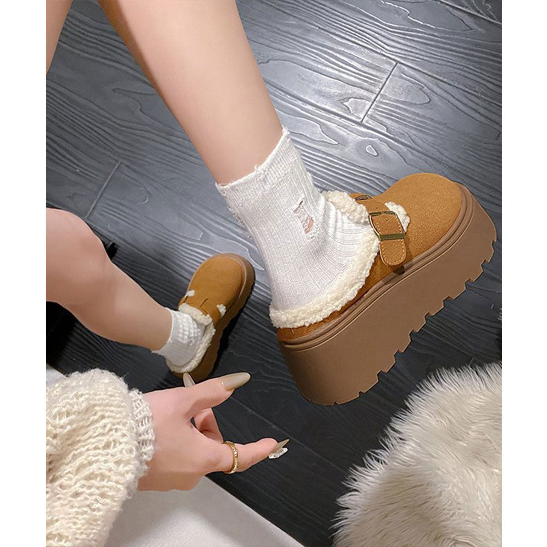 ミニミニストア miniministore ボア厚底モカシンレディースサボサンダル冬 （ライトブラウン） ライトブラウン