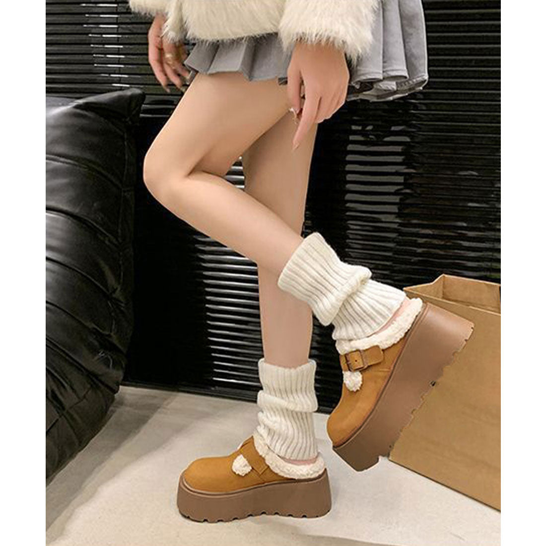 ミニミニストア miniministore ボア厚底モカシンレディースサボサンダル冬 （ライトブラウン） ライトブラウン