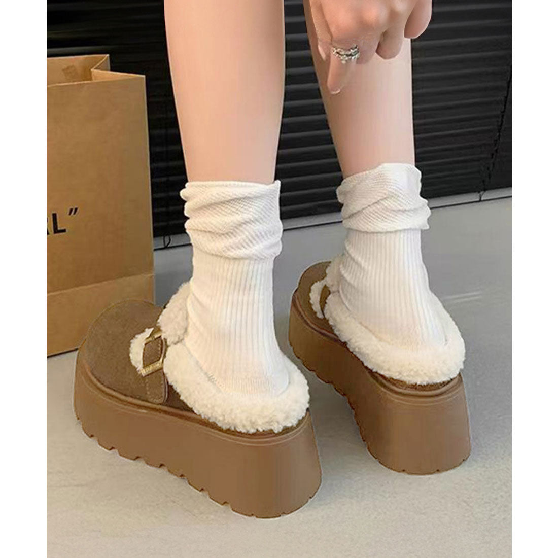 ミニミニストア miniministore ボア厚底モカシンレディースサボサンダル冬 （ライトブラウン） ライトブラウン