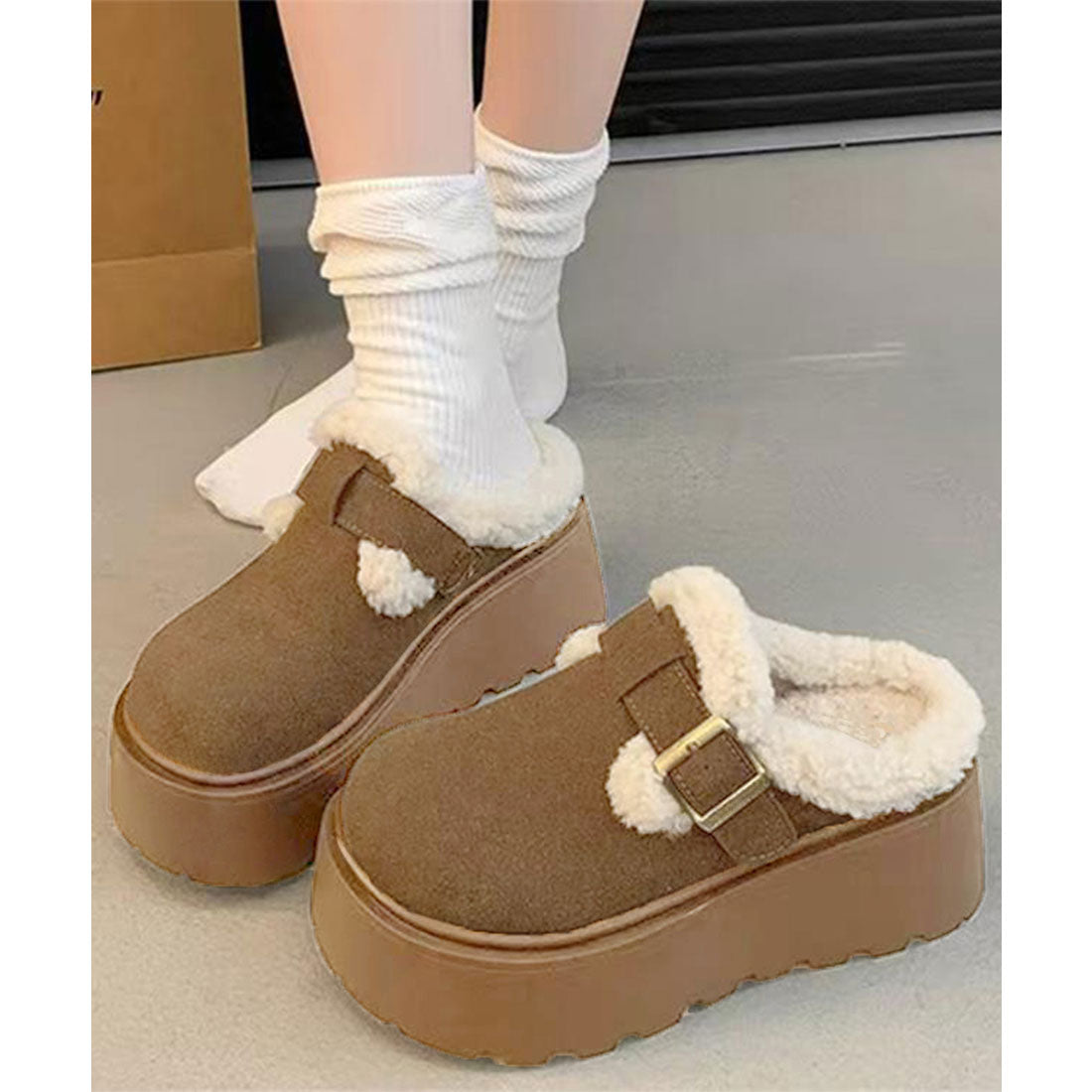 ミニミニストア miniministore ボア厚底モカシンレディースサボサンダル冬 （ライトブラウン） ライトブラウン