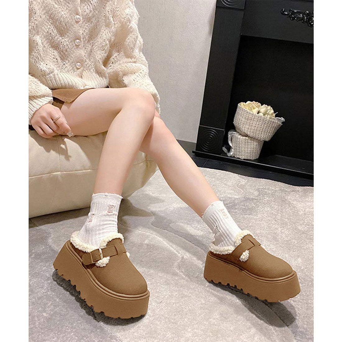 ミニミニストア miniministore ボア厚底モカシンレディースサボサンダル冬 （ライトブラウン） ライトブラウン