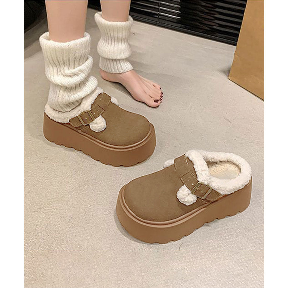 ミニミニストア miniministore ボア厚底モカシンレディースサボサンダル冬 （ライトブラウン） ライトブラウン