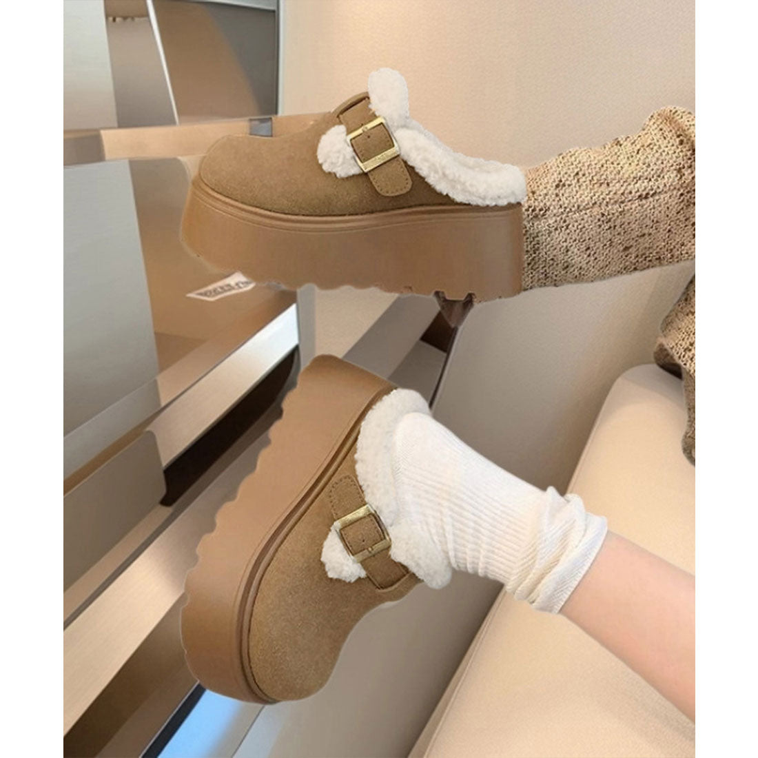 ミニミニストア miniministore ボア厚底モカシンレディースサボサンダル冬 （ライトブラウン） ライトブラウン