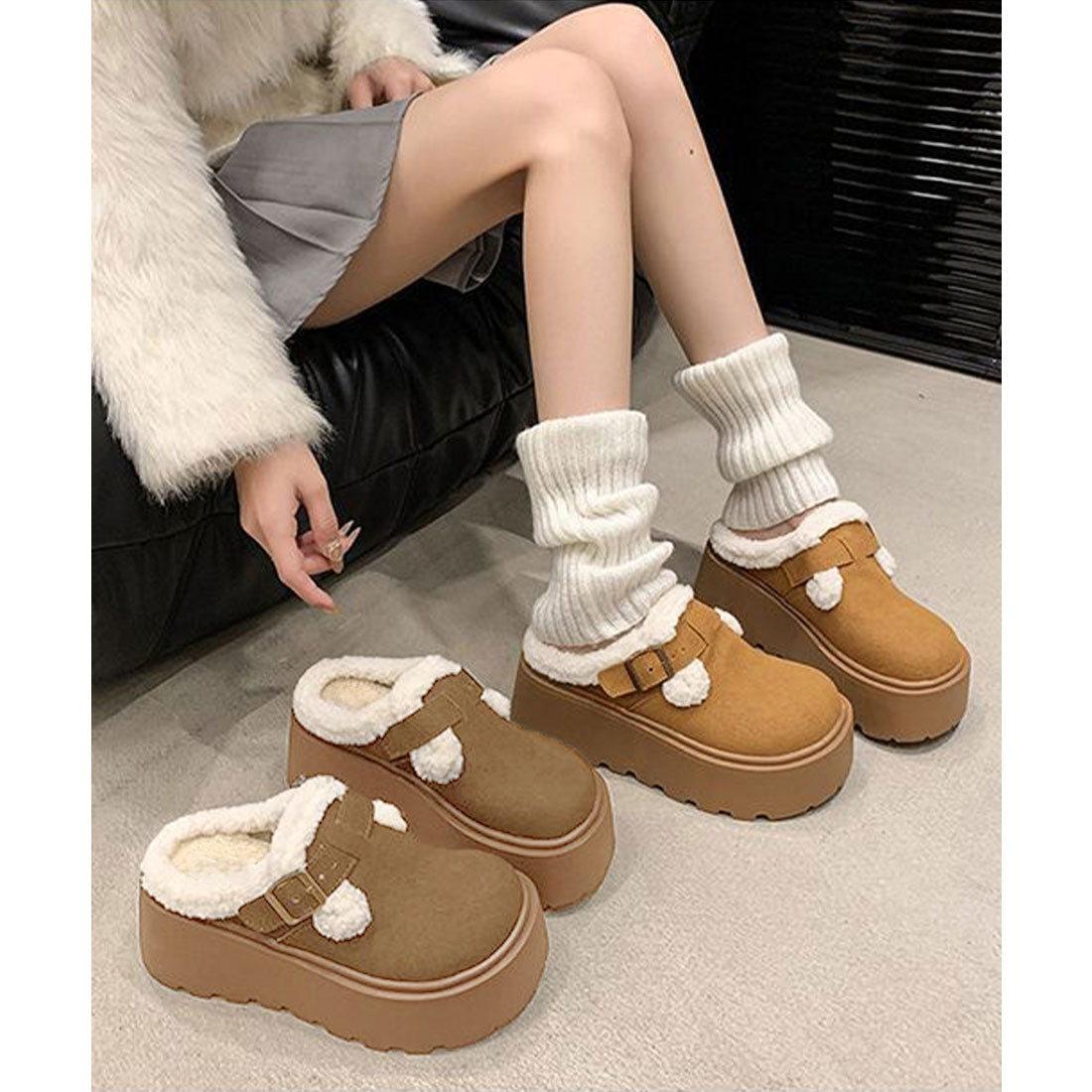 ミニミニストア miniministore ボア厚底モカシンレディースサボサンダル冬 （ライトブラウン） ライトブラウン
