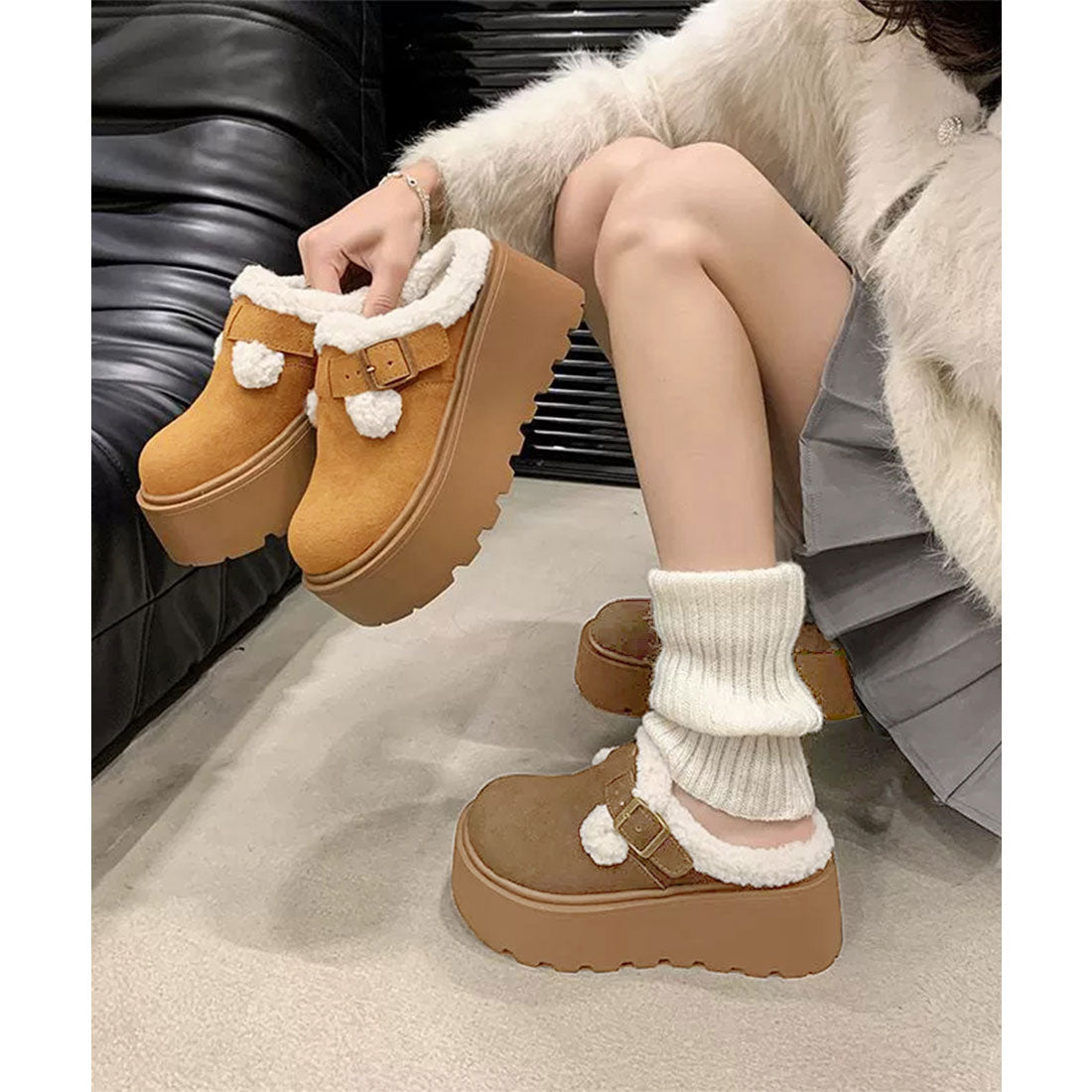 ミニミニストア miniministore ボア厚底モカシンレディースサボサンダル冬 （ライトブラウン） ライトブラウン