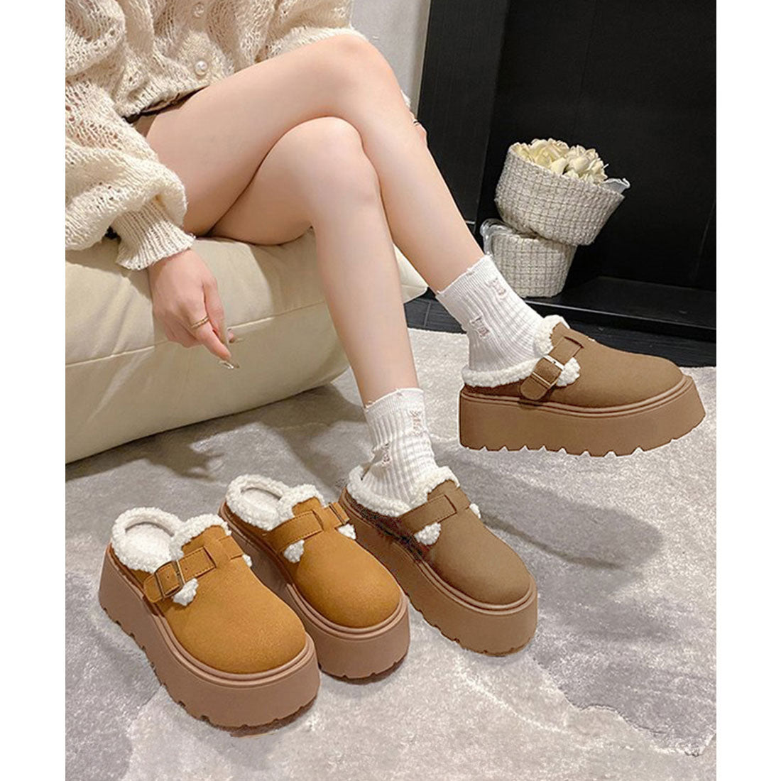 ミニミニストア miniministore ボア厚底モカシンレディースサボサンダル冬 （ライトブラウン） ライトブラウン