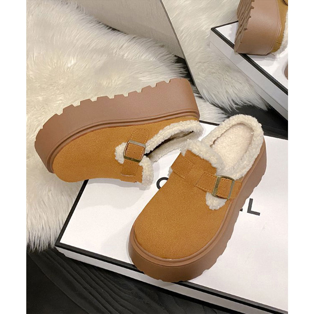 ミニミニストア miniministore ボア厚底モカシンレディースサボサンダル冬 （ライトブラウン） ライトブラウン