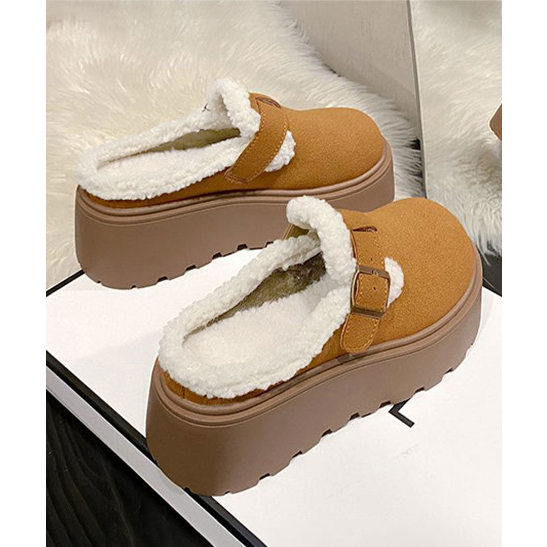 ミニミニストア miniministore ボア厚底モカシンレディースサボサンダル冬 （ライトブラウン） ライトブラウン
