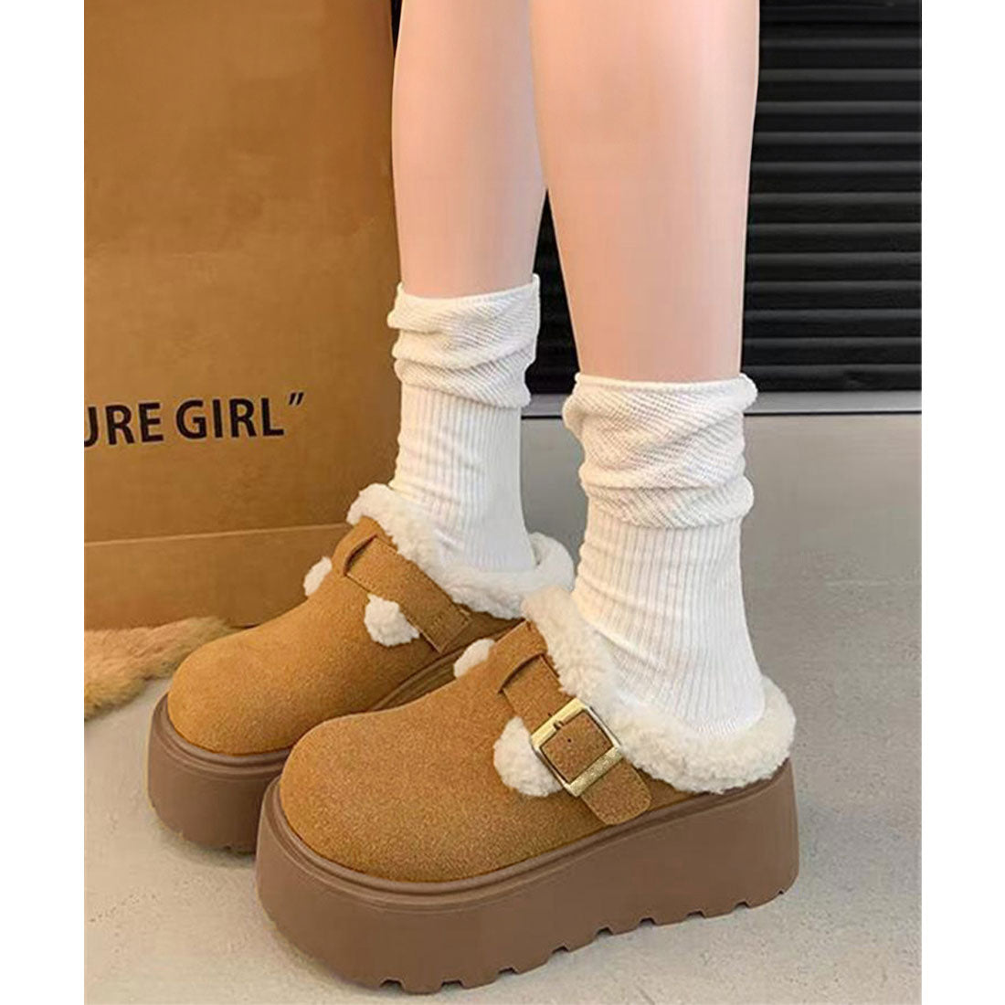 ミニミニストア miniministore ボア厚底モカシンレディースサボサンダル冬 （キャメル） キャメル