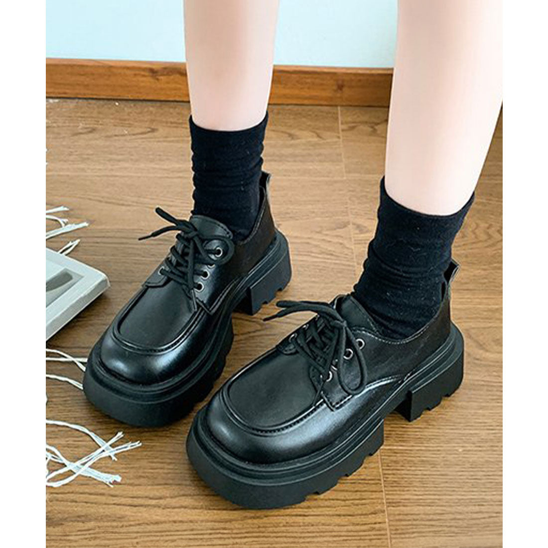 ミニミニストア miniministore 厚底ローファー レースアップシューズ （ブラック） ブラック