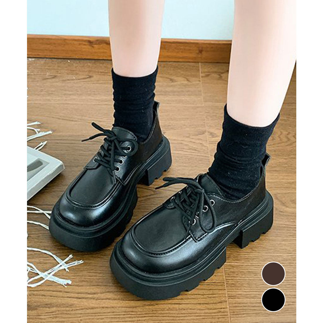 ミニミニストア miniministore 厚底ローファー レースアップシューズ （ブラック） ブラック