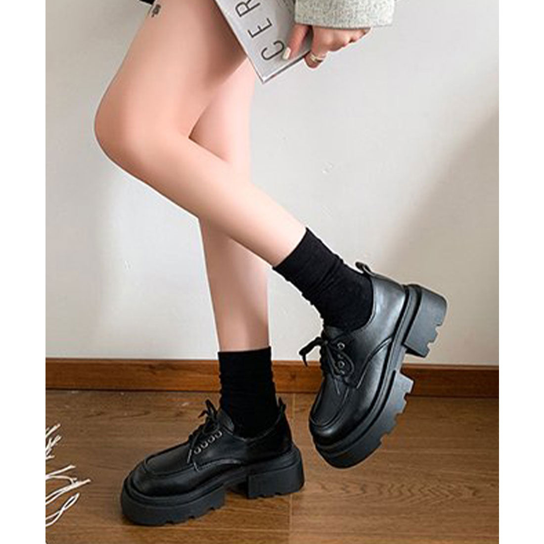 ミニミニストア miniministore 厚底ローファー レースアップシューズ （ブラック） ブラック