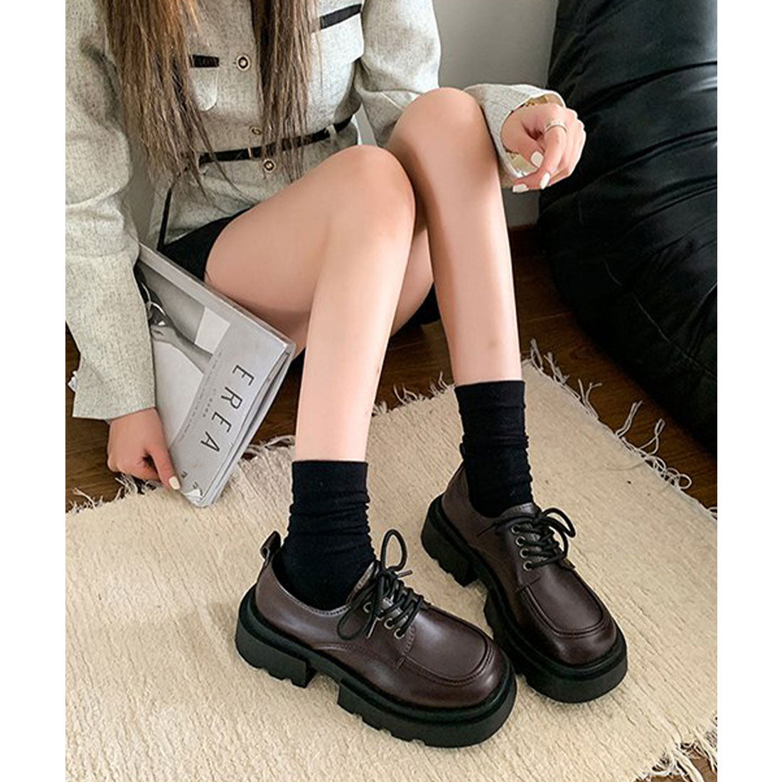 ミニミニストア miniministore 厚底ローファー レースアップシューズ （ブラック） ブラック