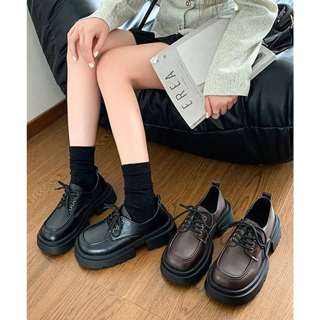 ミニミニストア miniministore 厚底ローファー レースアップシューズ （ブラック） ブラック