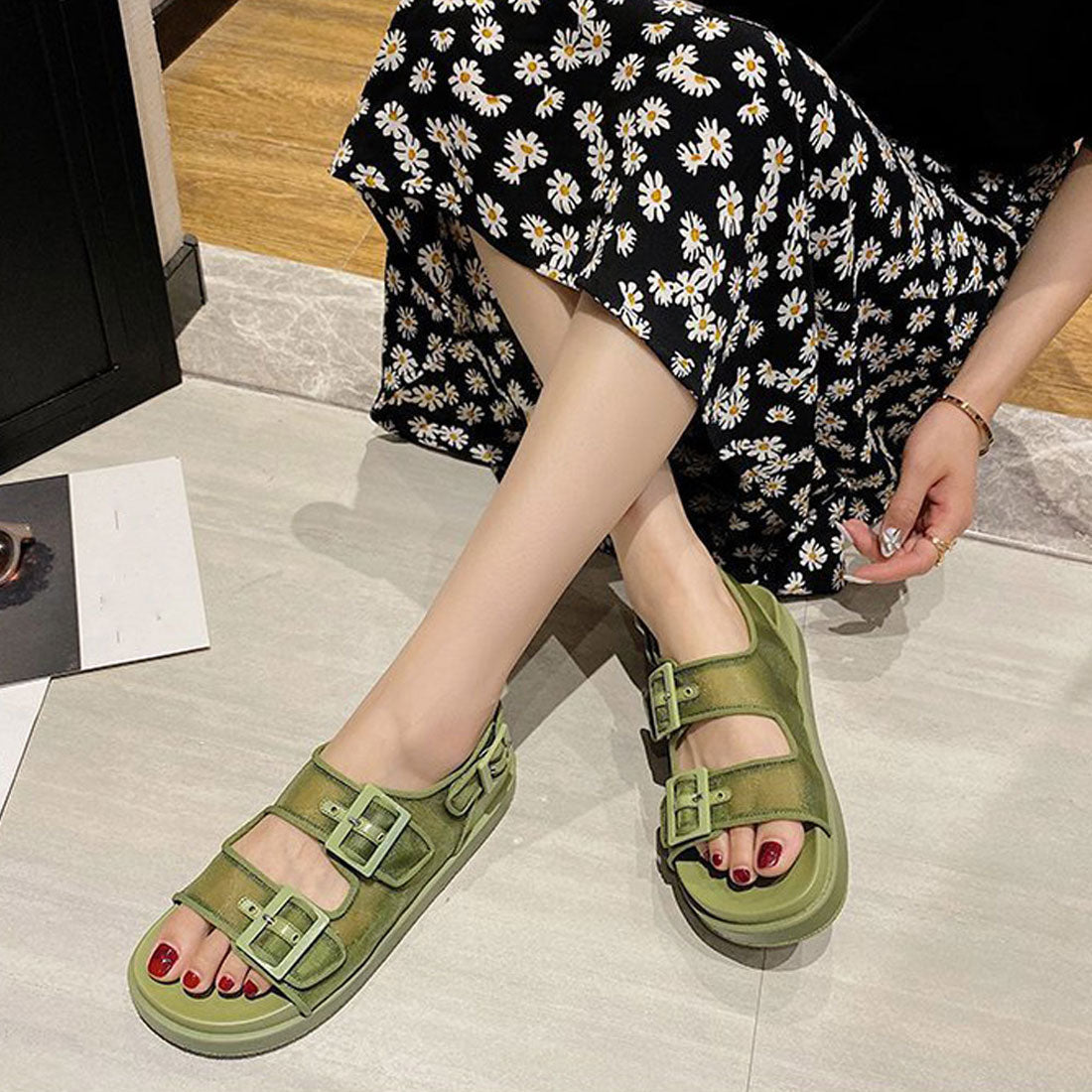サンダル レディース メッシュサンダル夏,グリーン