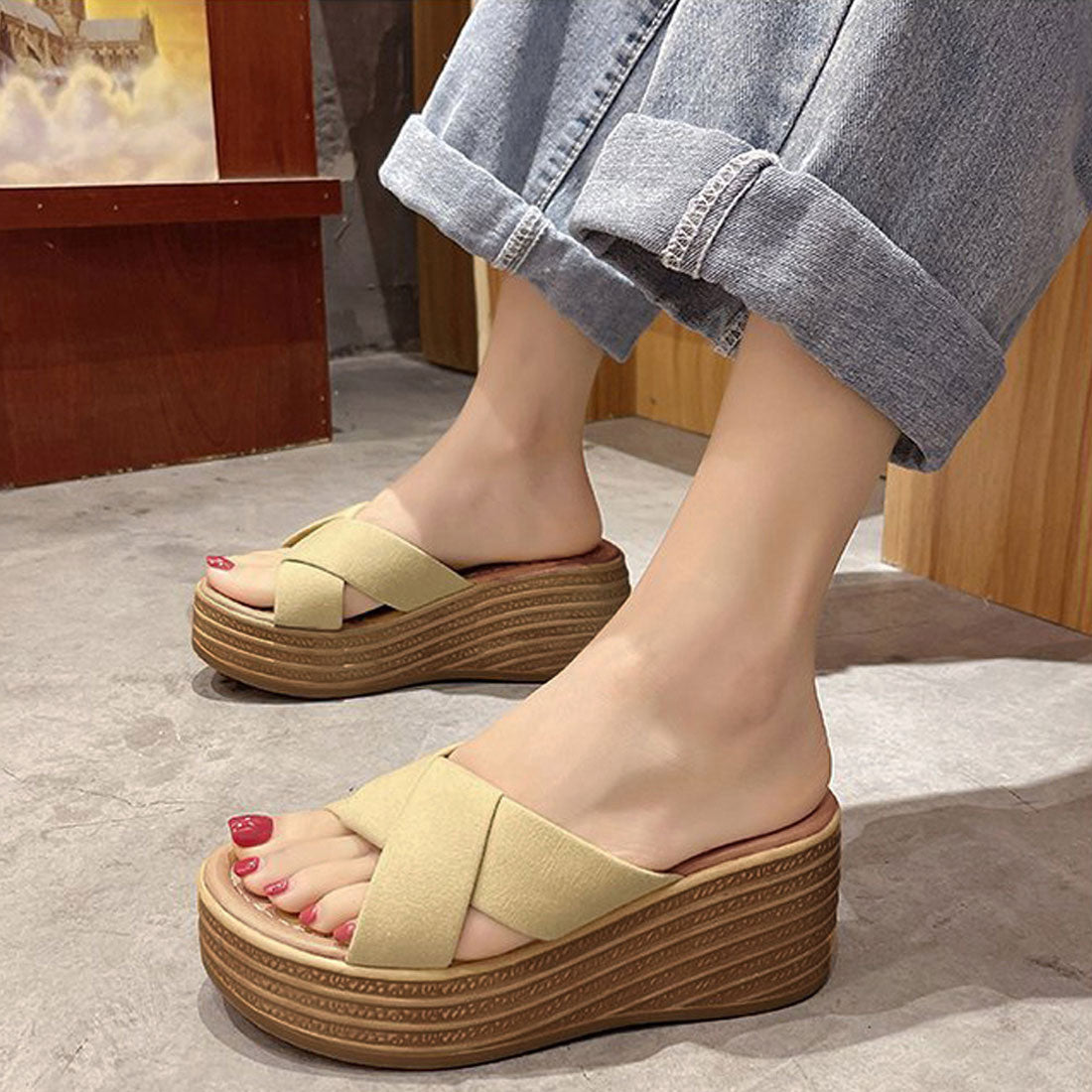 厚底サンダル ウエッジソール 韓国風,ベージュ