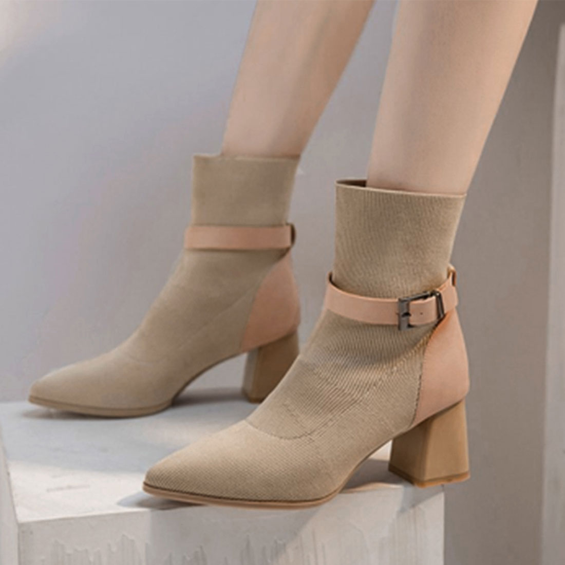 ショートブーツ レディース太ヒールブーツ,ダークベージュ