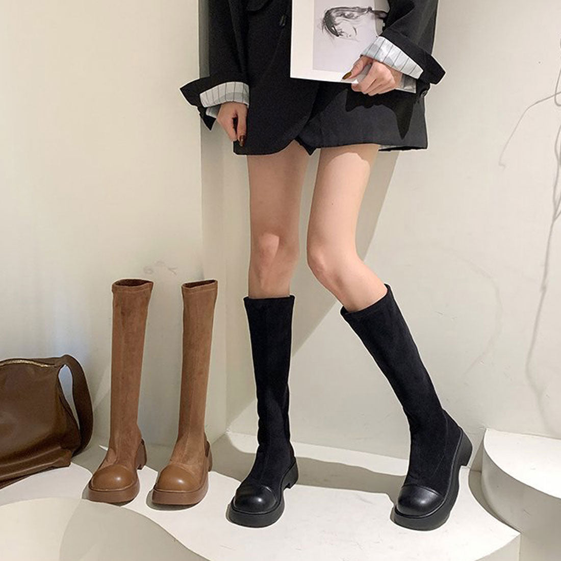 ロングブーツ ラウンドトゥ 厚底ブーツ