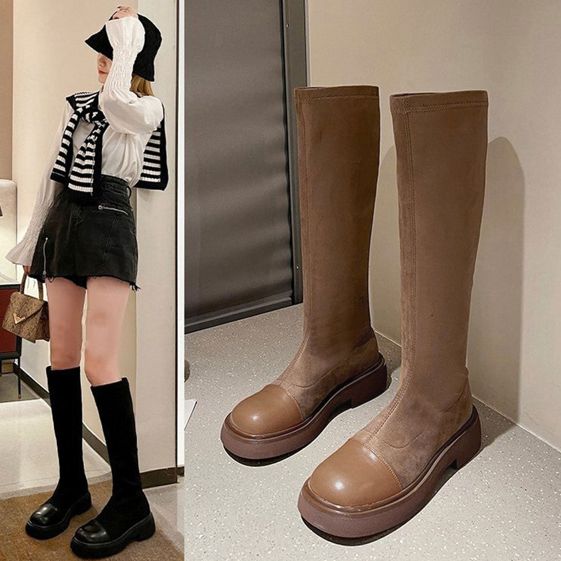 ロングブーツ ラウンドトゥ 厚底ブーツ