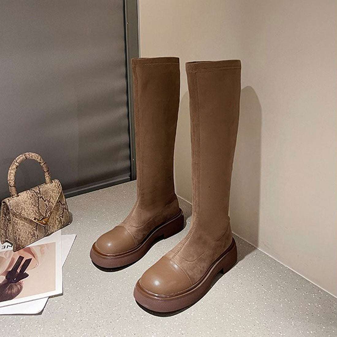 ロングブーツ ラウンドトゥ 厚底ブーツ