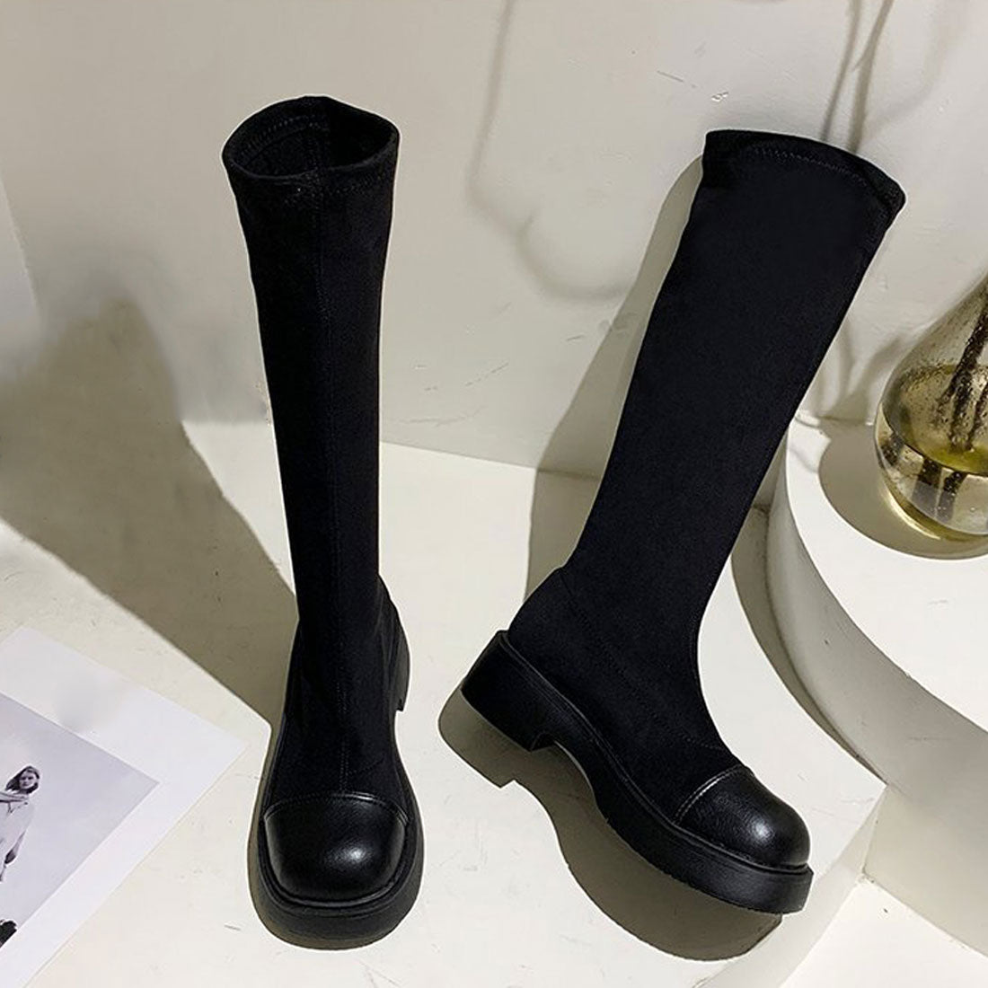 ロングブーツ ラウンドトゥ 厚底ブーツ