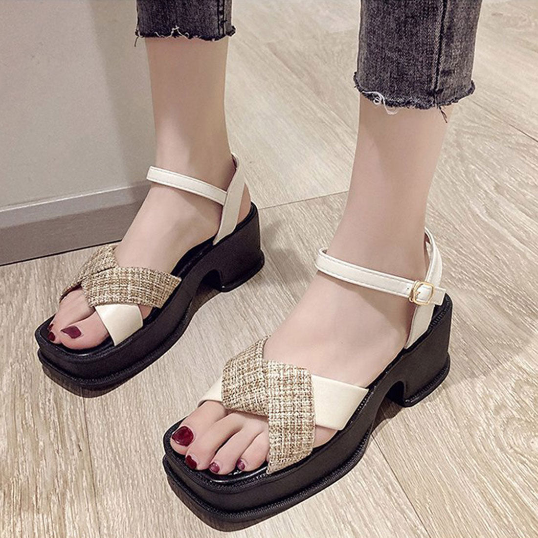 Platform Sandals with Cross Straps for Korea Spring/Summer