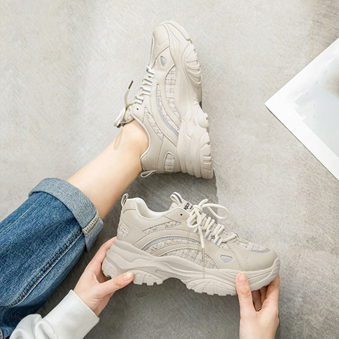 Dad sneakers for women, Korean style platform beige mi8694bw14397