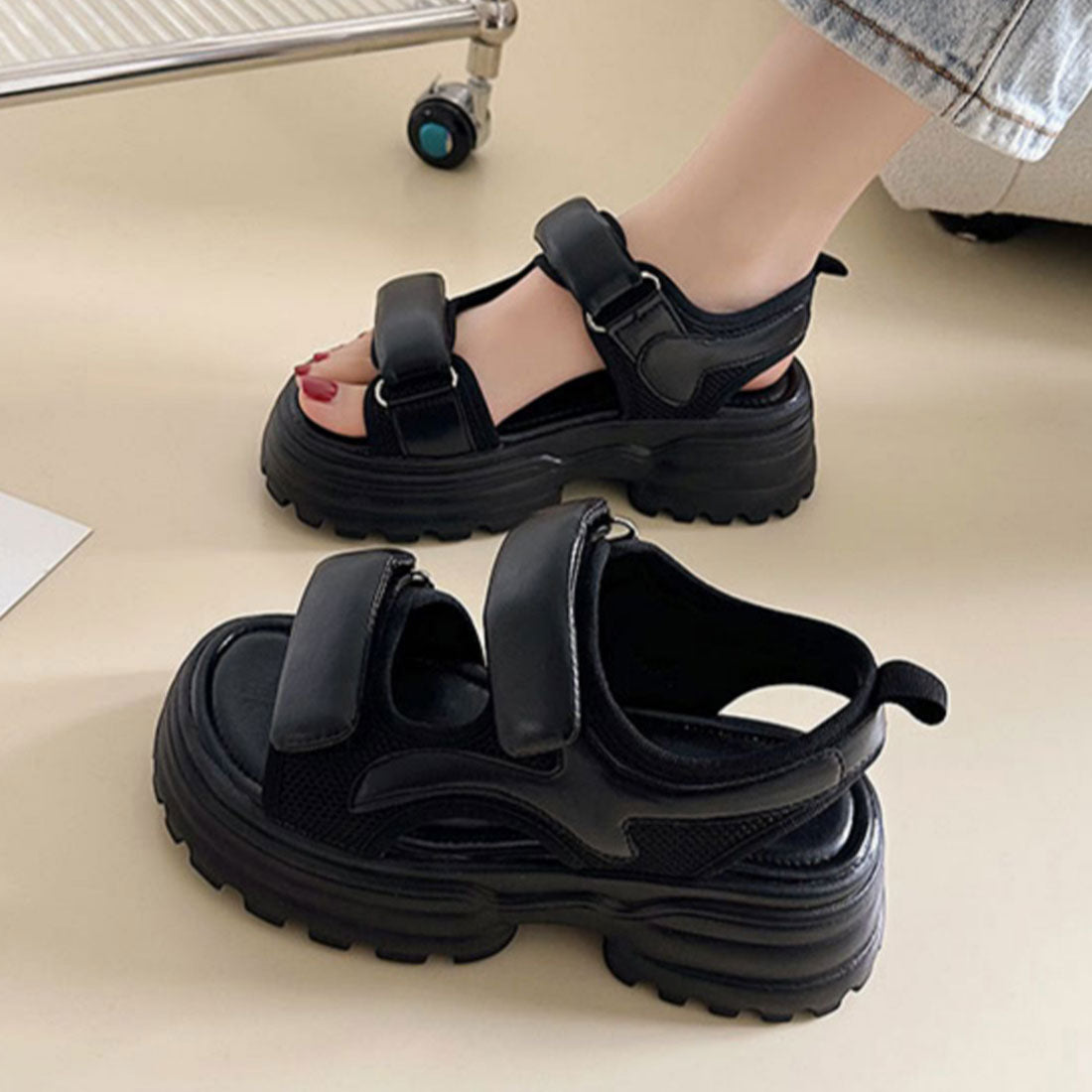 厚底サンダル スポーツサンダル 美脚 夏,ブラック