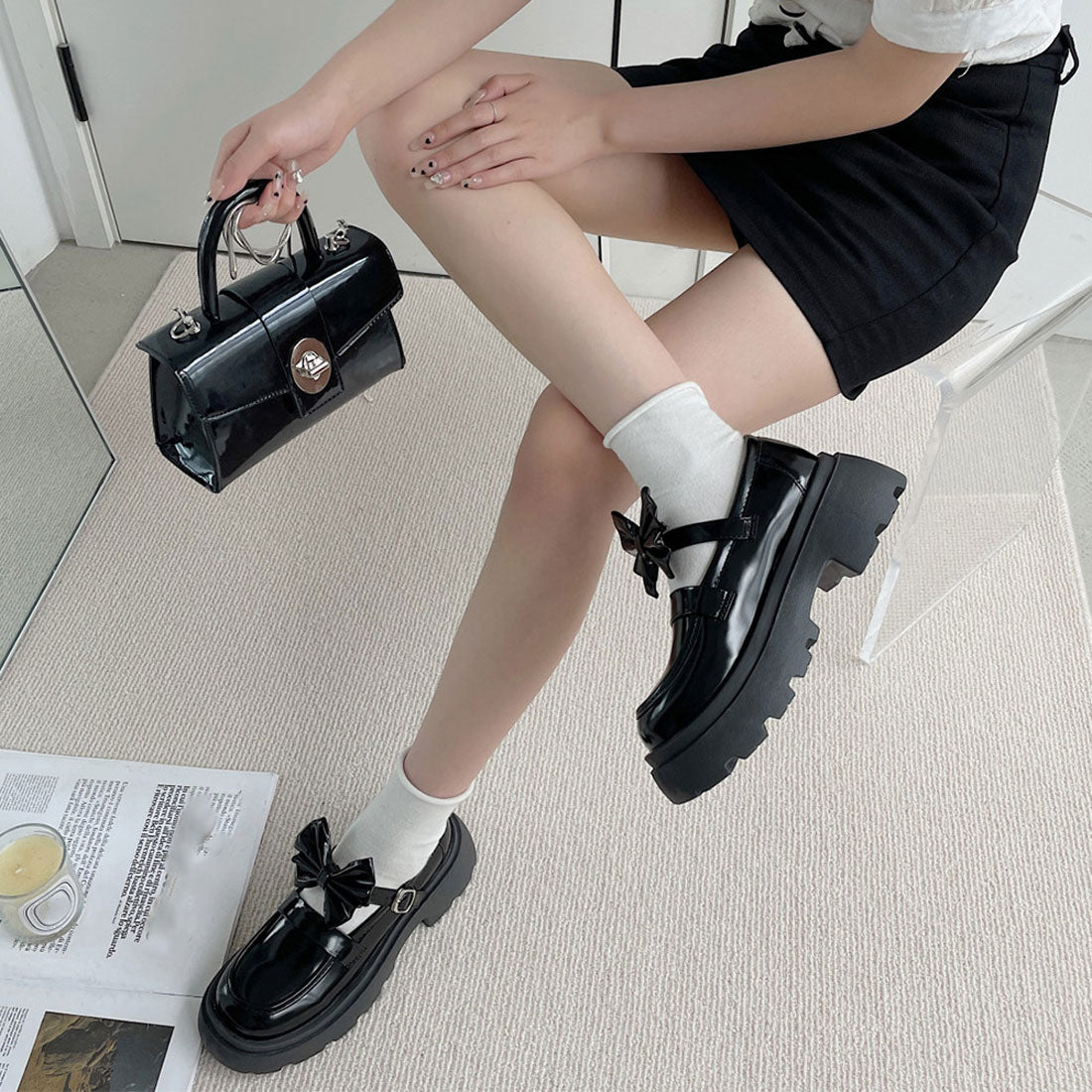 厚底ローファー レディース リボン