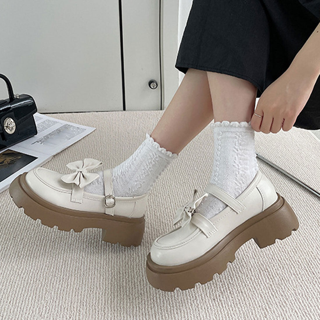 厚底ローファー レディース リボン