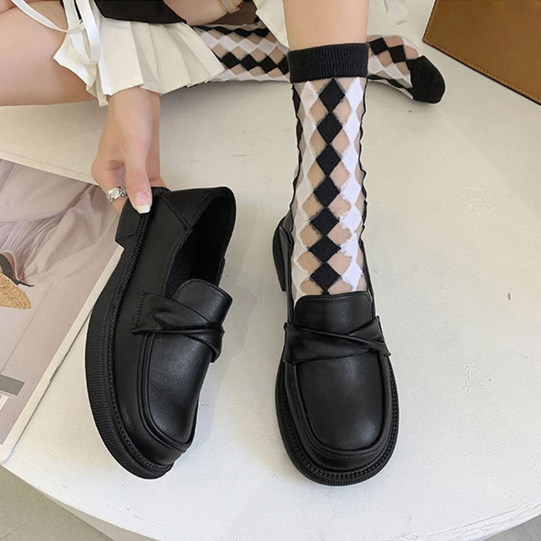 ローファー レディース パンプス 厚底靴,ブラック