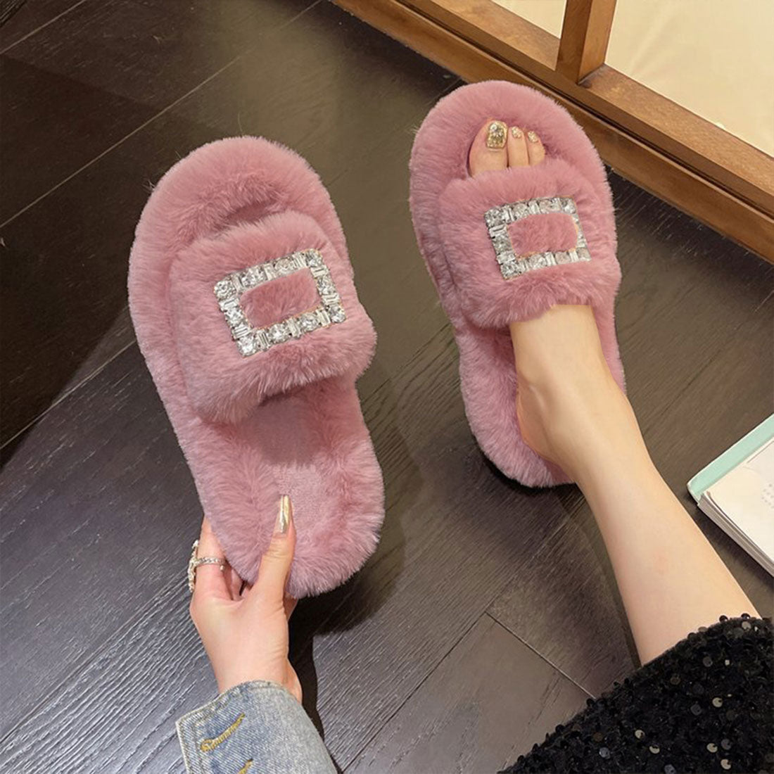 ファーサンダル レディースファースリッパ くすみピンク