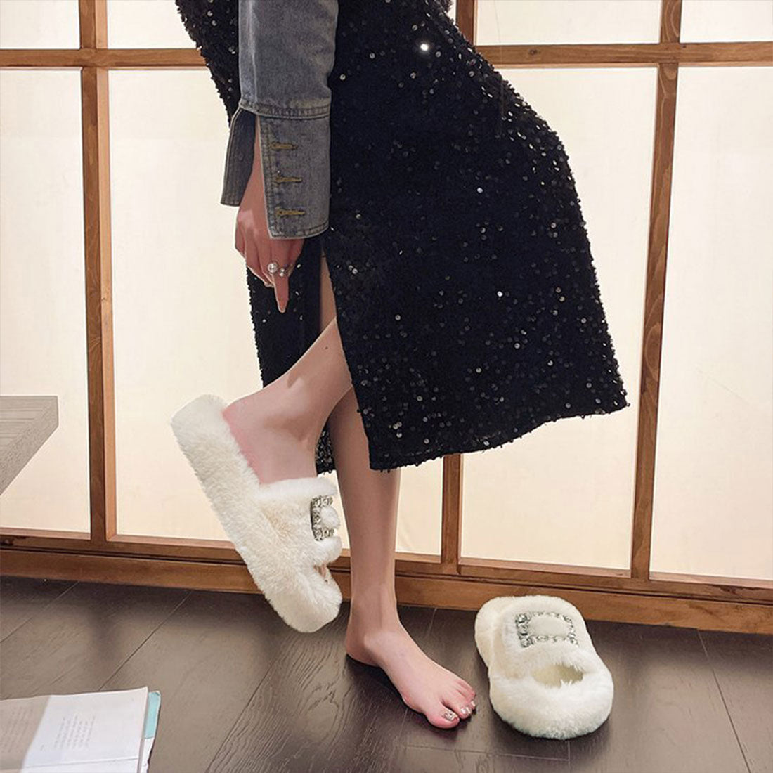 ファーサンダル レディースファースリッパ くすみピンク
