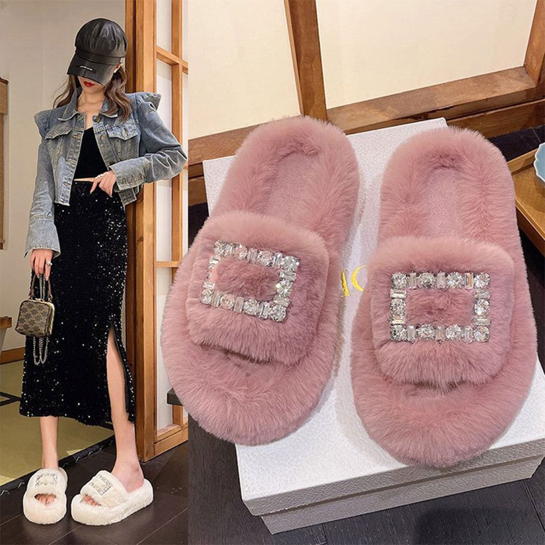 ファーサンダル レディースファースリッパ くすみピンク