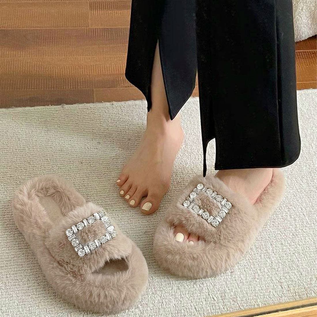 ファーサンダル レディースファースリッパ くすみピンク
