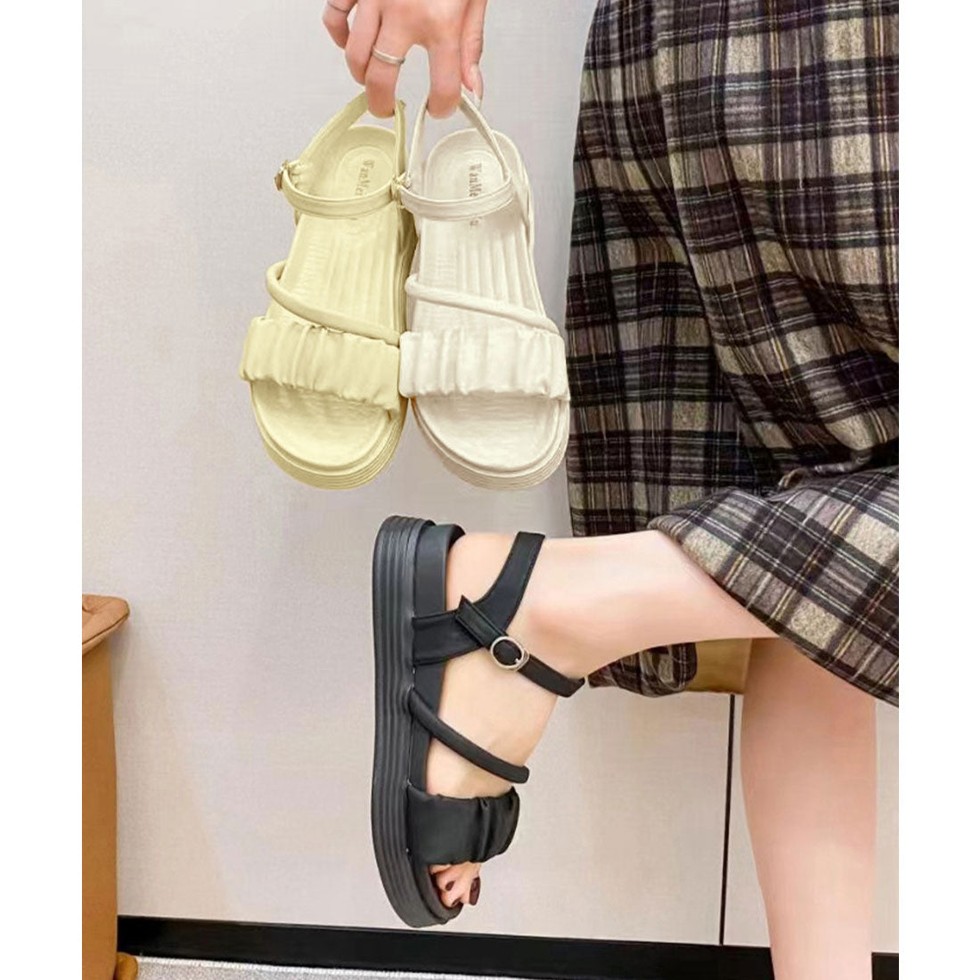 厚底サンダル レディース 美脚 夏靴 ブラック