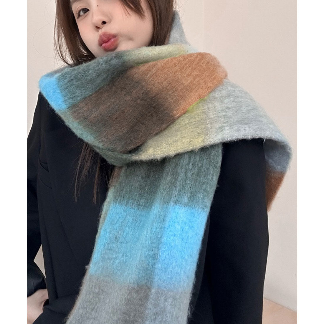 ミニミニストア miniministore カシミヤ風マフラーチェック柄 大判 厚手 （ダークグリーン*イエロー） ダークグリーン*イエロー