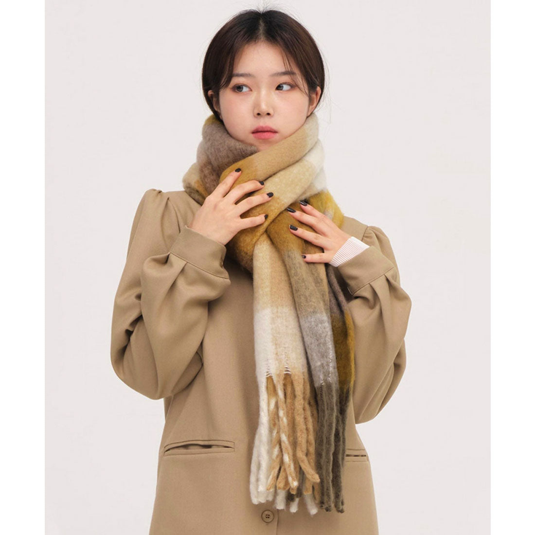 ミニミニストア miniministore カシミヤ風マフラーチェック柄 大判 厚手 （ダークグリーン*イエロー） ダークグリーン*イエロー