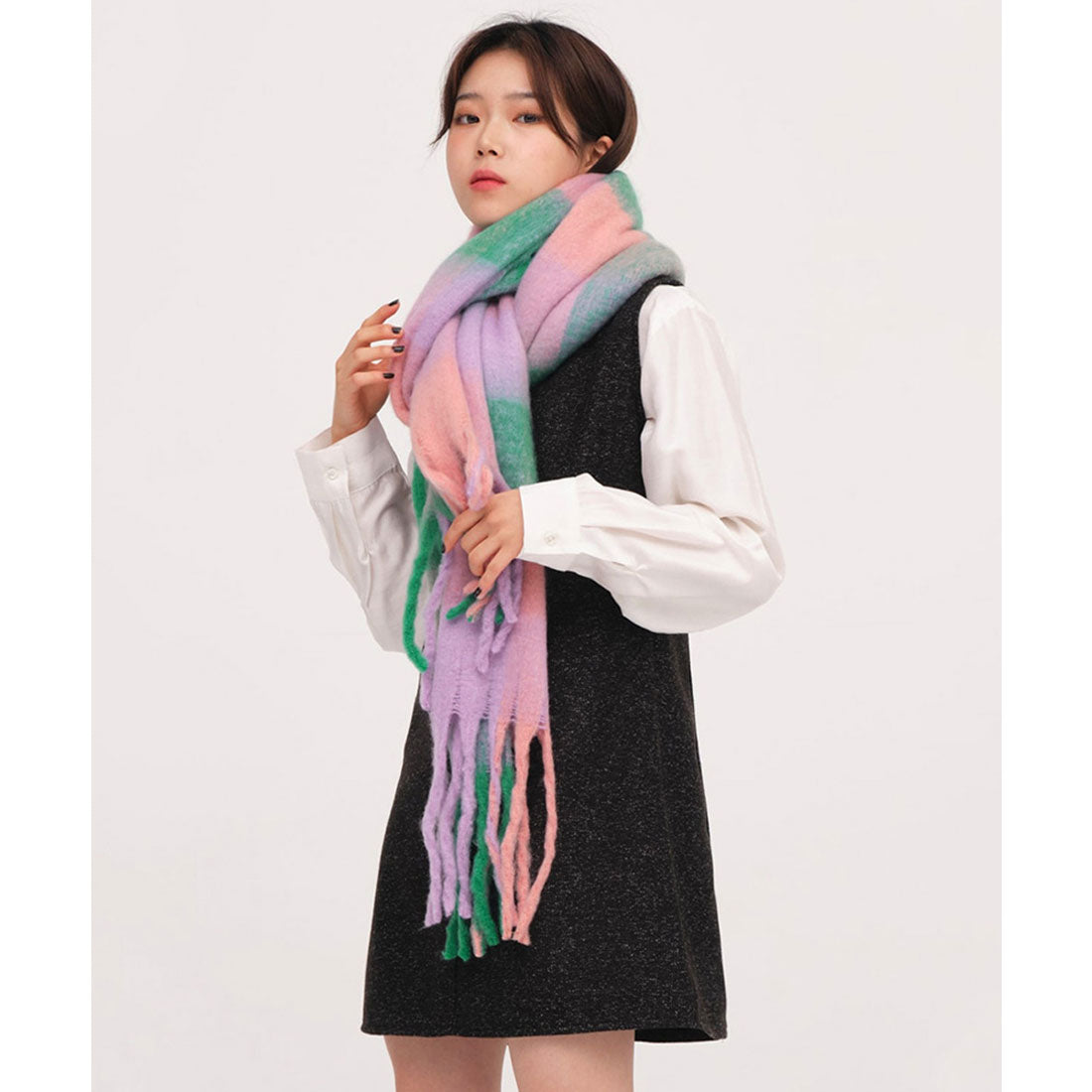 ミニミニストア miniministore カシミヤ風マフラーチェック柄 大判 厚手 （ダークグリーン*イエロー） ダークグリーン*イエロー