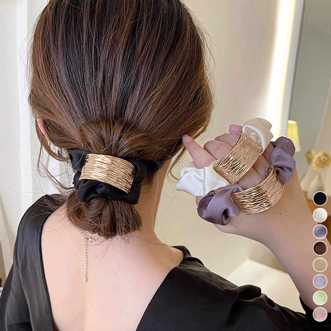 プレート付きシュシュ 大人っぽいヘアゴム ブラウン