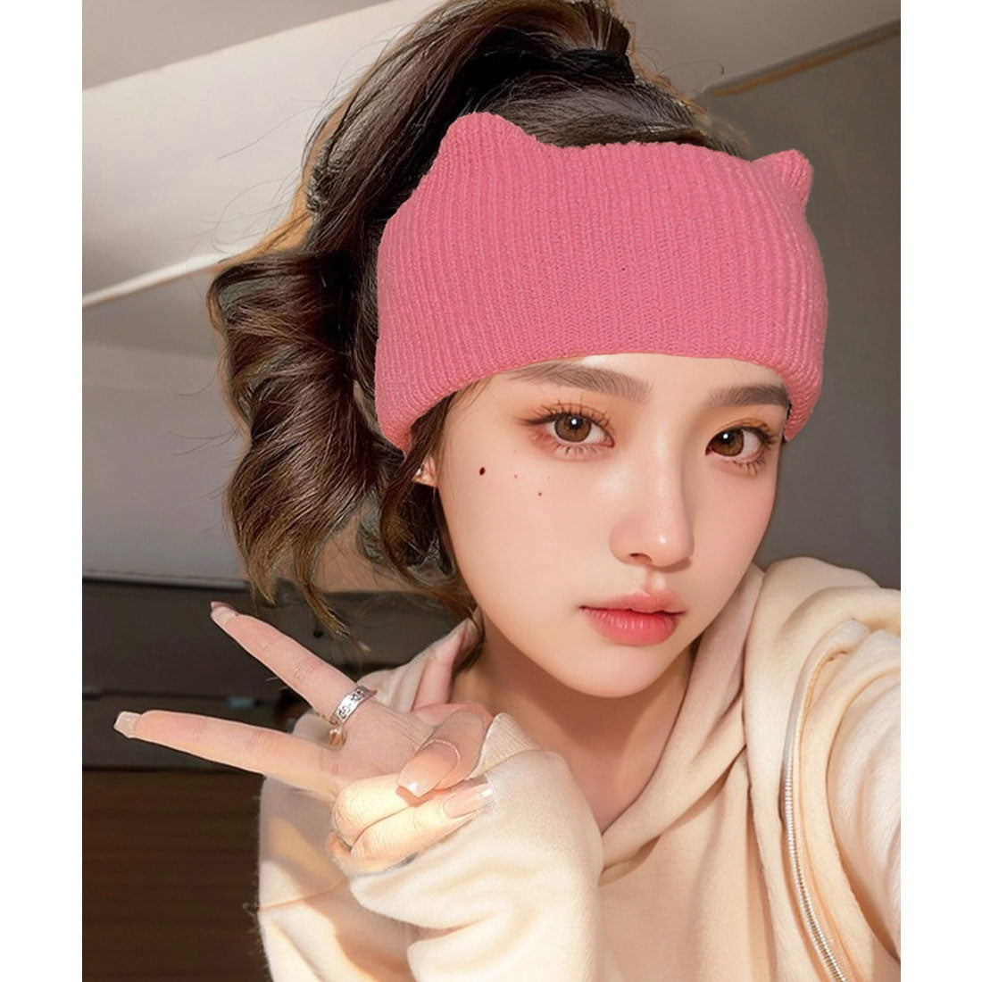 ミニミニストア miniministore 猫耳リブニットヘアバンド 幅広い 髪留め （ピンク） ピンク