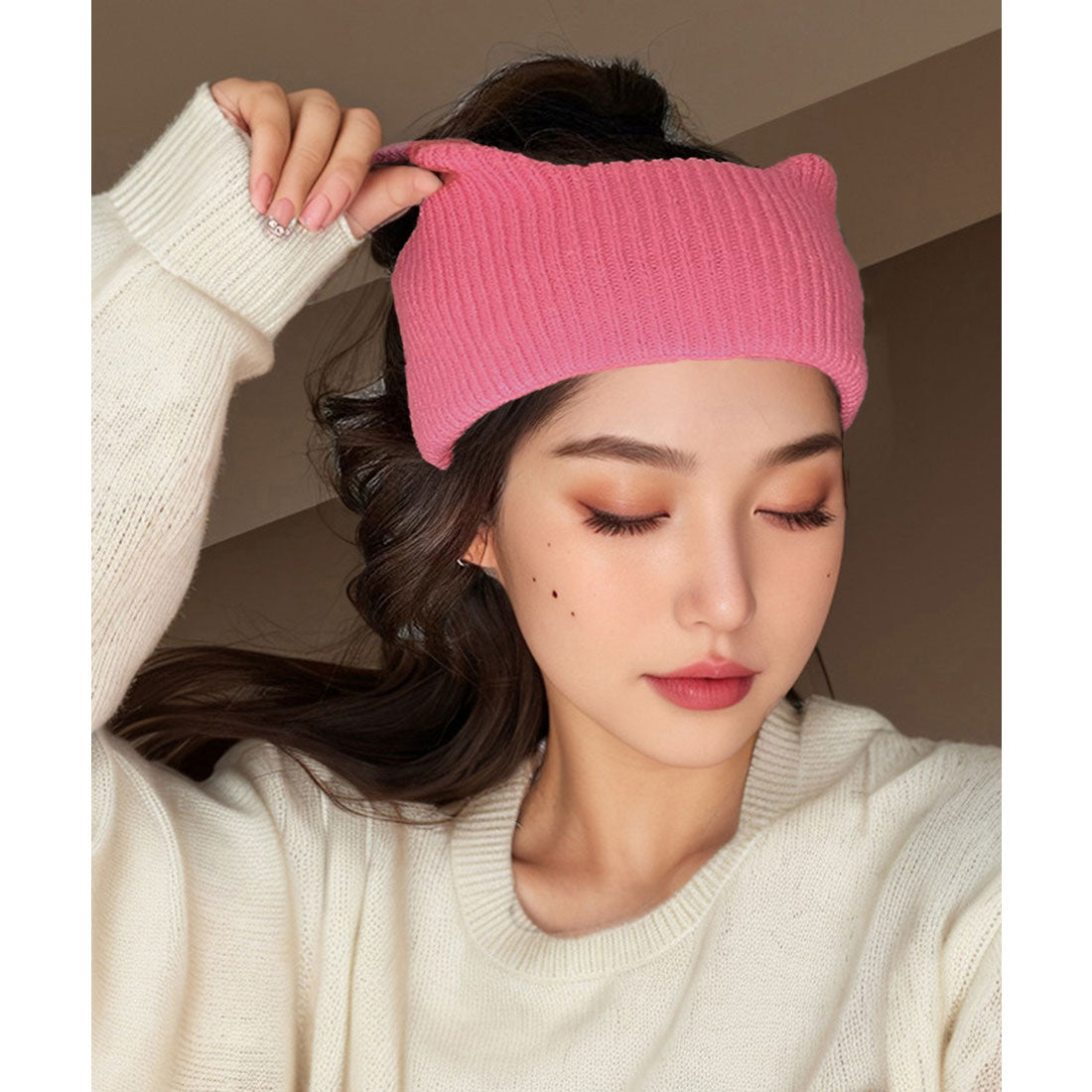 ミニミニストア miniministore 猫耳リブニットヘアバンド 幅広い 髪留め （ピンク） ピンク