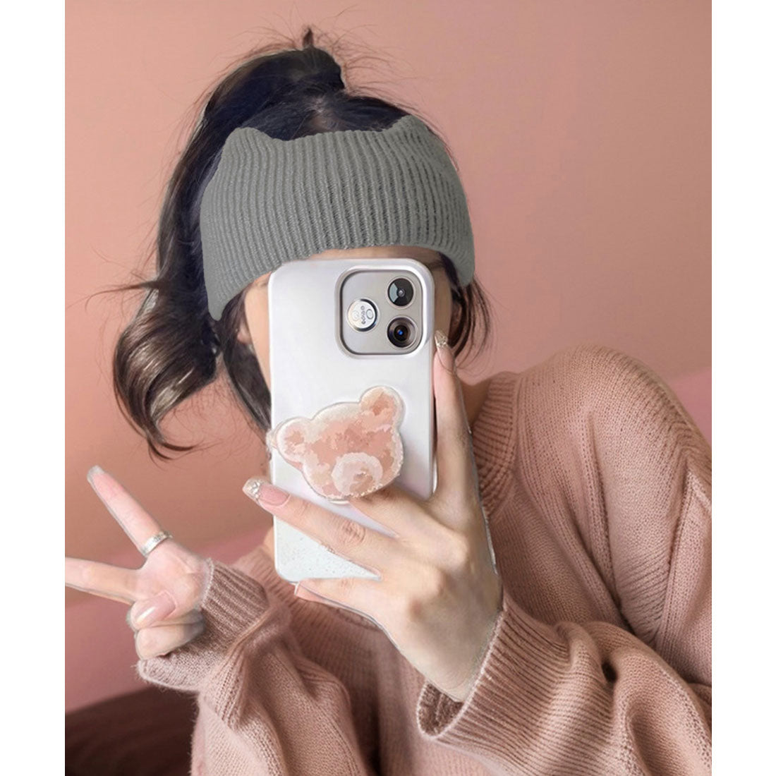 ミニミニストア miniministore 猫耳リブニットヘアバンド 幅広い 髪留め （グレー） グレー