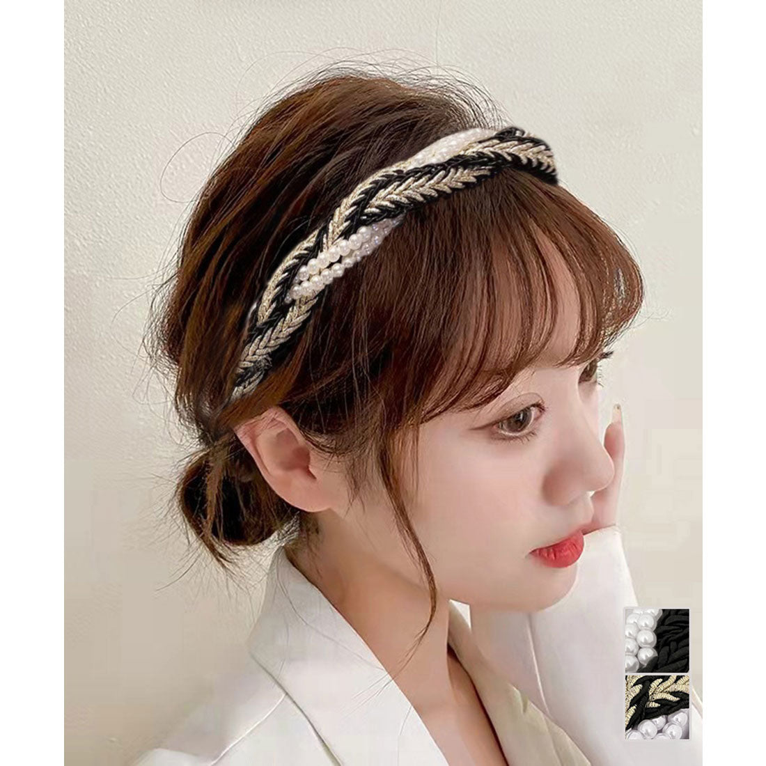 ミニミニストア miniministore パールカチューシャ 三つ編み ヘアバンド （ブラック*ホワイト） ブラック*ホワイト