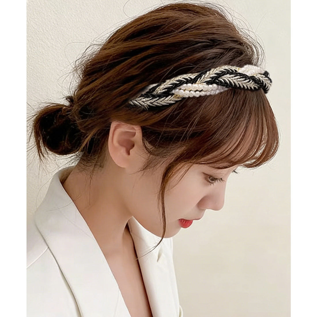 ミニミニストア miniministore パールカチューシャ 三つ編み ヘアバンド （ブラック*ホワイト） ブラック*ホワイト