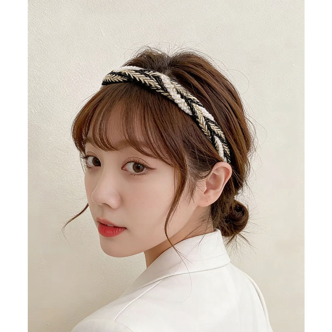 ミニミニストア miniministore パールカチューシャ 三つ編み ヘアバンド （ブラック*ホワイト） ブラック*ホワイト