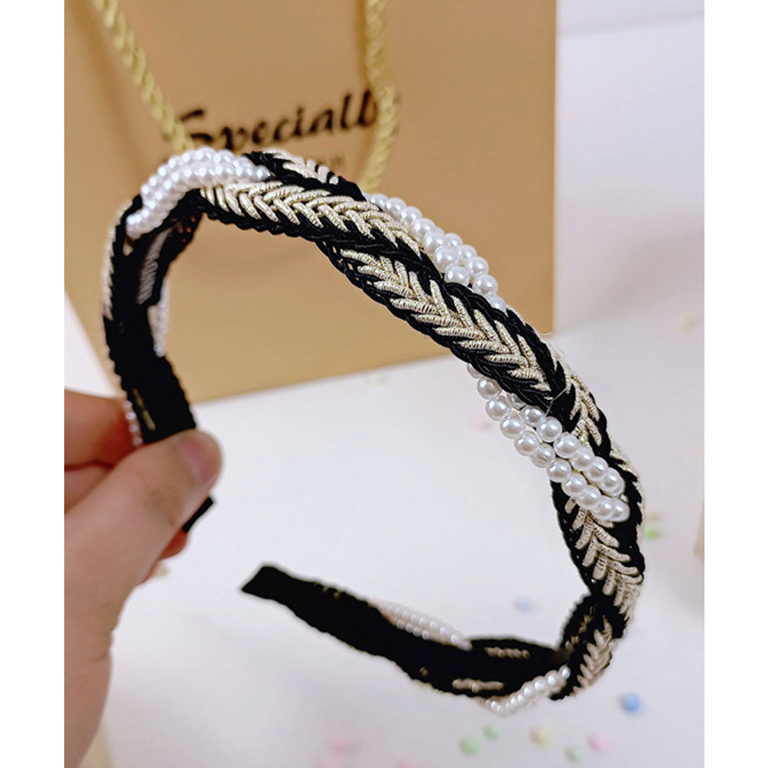 ミニミニストア miniministore パールカチューシャ 三つ編み ヘアバンド （ブラック*ホワイト） ブラック*ホワイト
