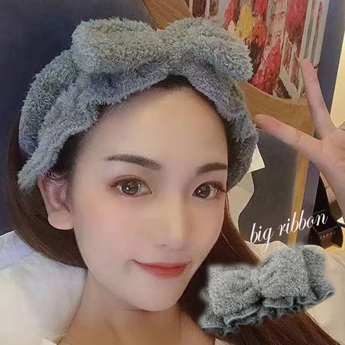 ふわふわ ヘアバンド 洗顔 リボン,ダークグレー