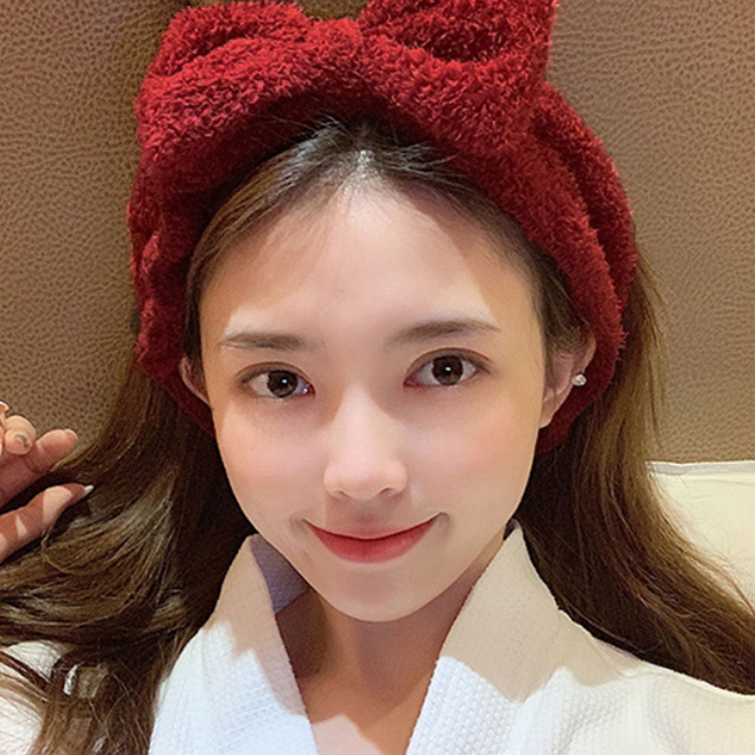 ふわふわ ヘアバンド 洗顔 リボン,ワインレッド
